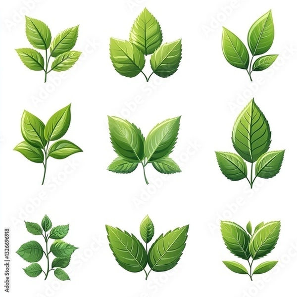Fototapeta Green leaf vector icon set isolated on white background, simple flat design logo style. Collection of green tea leaves symbols for natural, organic products, and environmental protection concepts. Per