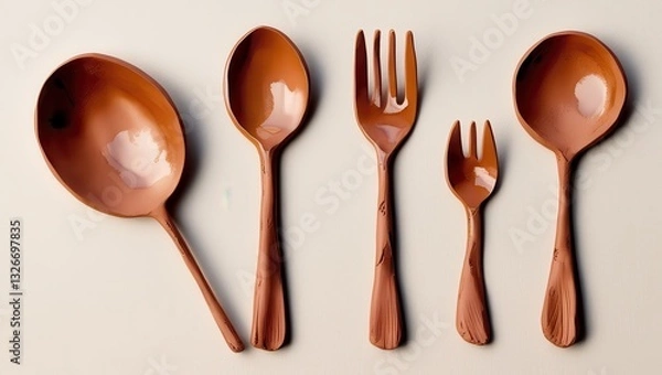 Fototapeta Rustic Terracotta Dinnerware Set Spoons Forks Elegant Table Setting Pottery