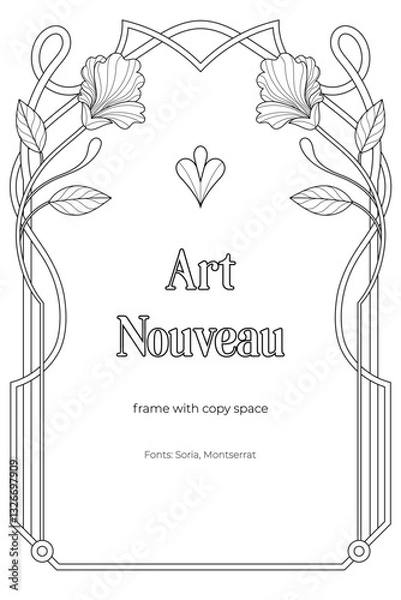 Fototapeta Luxury Art Nouveau Frame – Black and White Retro Line Art Coloring Page with Royal Copy Space