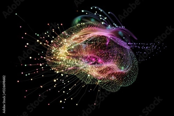 Fototapeta Abstract holographic brain with data points and electric pulses
