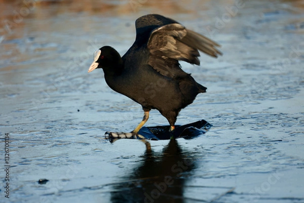 Fototapeta A common coot (Fulica atra) on a frozen canal and ice in wildlife, near Delft, The Netherlands. 
