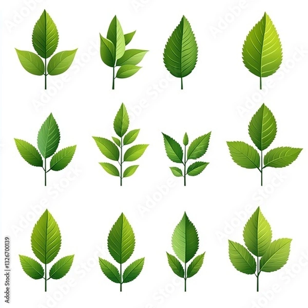 Fototapeta Green leaf vector icon set isolated on white background, simple flat design logo style. Collection of green tea leaves symbols for natural, organic products, and environmental protection concepts. Per