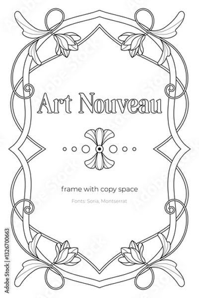 Fototapeta Luxury Art Nouveau Frame – Black and White Retro Line Art Coloring Page with Royal Copy Space
