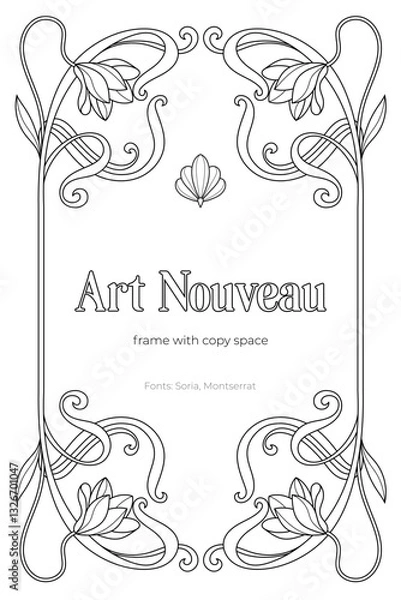Fototapeta Luxury Art Nouveau Frame – Black and White Retro Line Art Coloring Page with Royal Copy Space