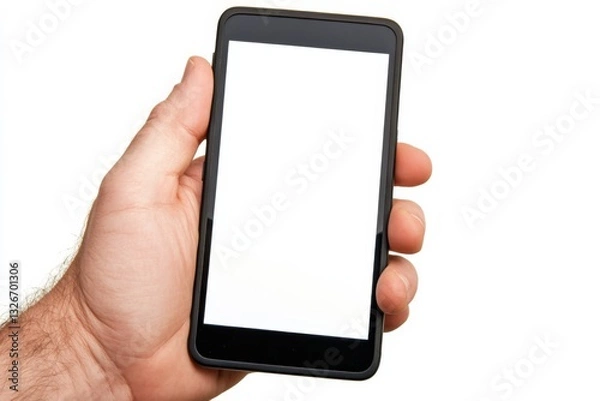 Fototapeta Hand holding a black and white tablet with a white screen