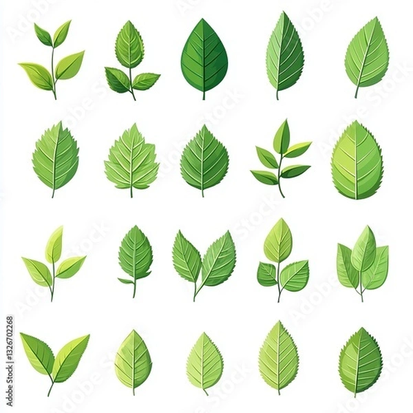 Fototapeta Green leaf vector icon set isolated on white background, simple flat design logo style. Collection of green tea leaves symbols for natural, organic products, and environmental protection concepts. Per
