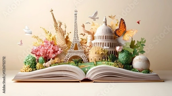 Fototapeta Intricately crafted paper cut designs of famous landmarks such as the Eiffel Tower and Colosseum emerge from the pages of an open book creating a captivating and imaginative visual composition