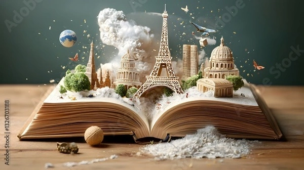 Fototapeta Striking paper cut designs of iconic landmarks such as the Eiffel Tower and Colosseum emerging from the pages of an open book showcasing a unique and creative interpretation