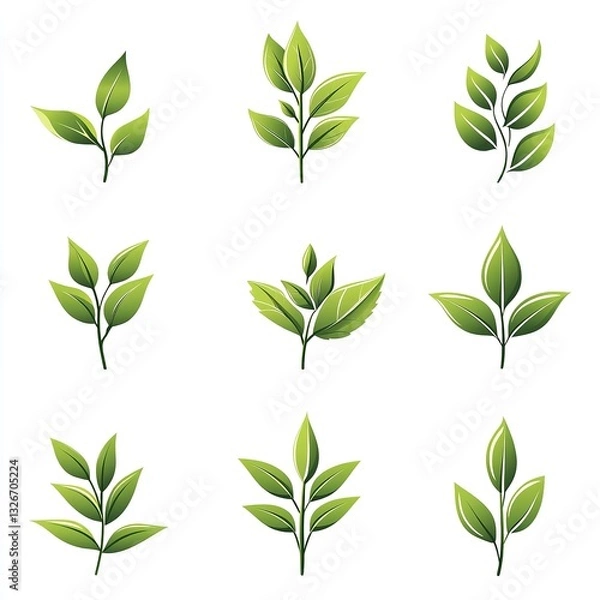 Fototapeta Green leaf vector icon set isolated on white background, simple flat design logo style. Collection of green tea leaves symbols for natural, organic products, and environmental protection concepts. Per