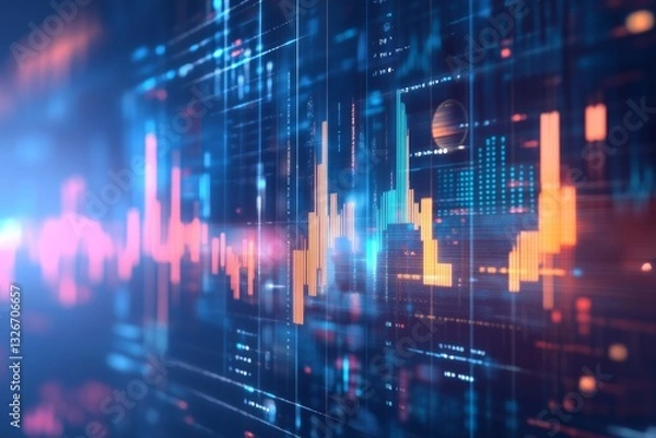 Obraz Sleek holographic interface with interactive data charts and glowing elements

