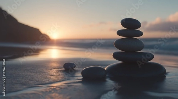 Obraz Zen stones balancing on a beach at sunset creating a peaceful and serene scene with ocean background