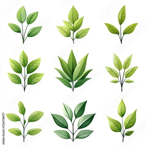 Fototapeta Green leaf vector icon set isolated on white background, simple flat design logo style. Collection of green tea leaves symbols for natural, organic products, and environmental protection concepts. Per