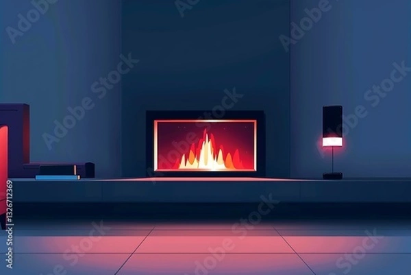 Fototapeta Simple linear icon of a contemporary fireplace in cool azure, sleek lines, and minimalistic design.