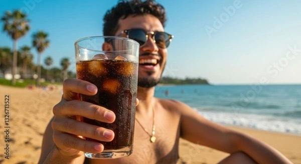 Obraz a cheerful person relaxing on a sunny beach, holding a glass filled with ice-cold Cola. The condensation on the glass glistens under the warm sunlight