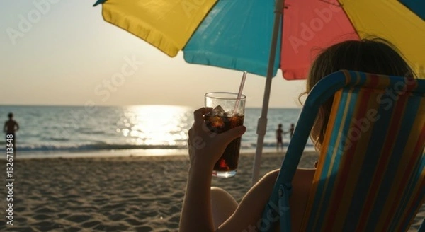 Obraz a cheerful person relaxing on a sunny beach, holding a glass filled with ice-cold Cola. The condensation on the glass glistens under the warm sunlight
