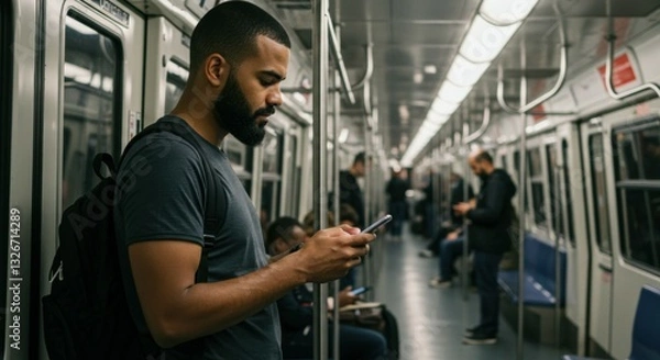 Fototapeta a man, standing inside a modern subway train. Focusing intently on his smartphone with the other