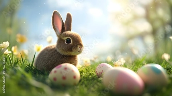 Fototapeta Cute easter bunny sitting in grass with colorful eggs