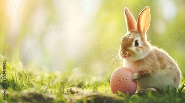 Fototapeta Adorable easter bunny hugging decorated egg in spring meadow
