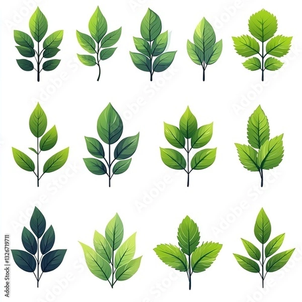 Fototapeta Green leaf vector icon set isolated on white background, simple flat design logo style. Collection of green tea leaves symbols for natural, organic products, and environmental protection concepts. Per