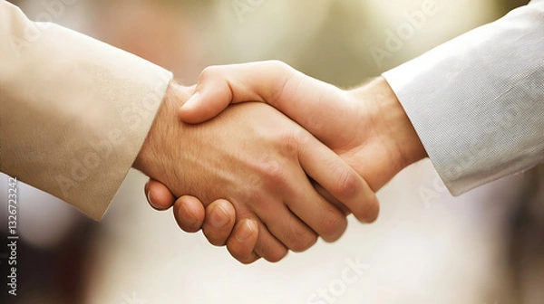 Fototapeta close up of two people shaking hands, symbolizing agreement, partnership, and trust in professional or business setting. handshake conveys confidence and mutual understanding