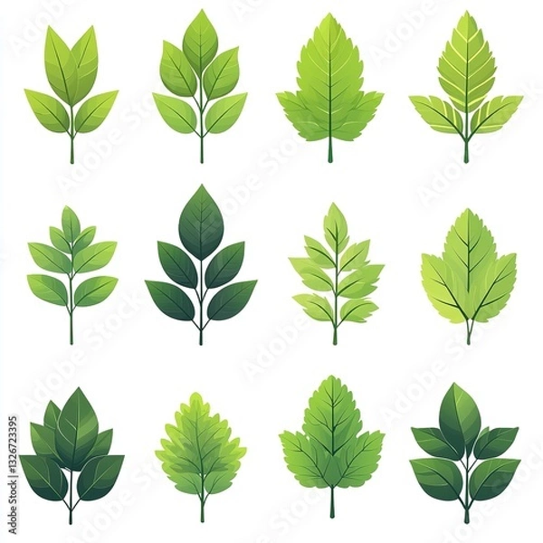 Fototapeta Green leaf vector icon set isolated on white background, simple flat design logo style. Collection of green tea leaves symbols for natural, organic products, and environmental protection concepts. Per