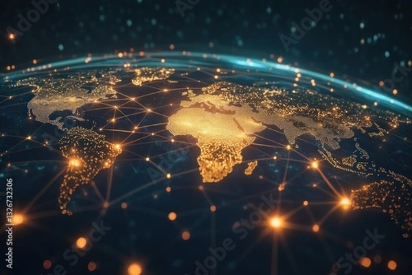 Fototapeta Illuminated World Map with Network Connections at Night