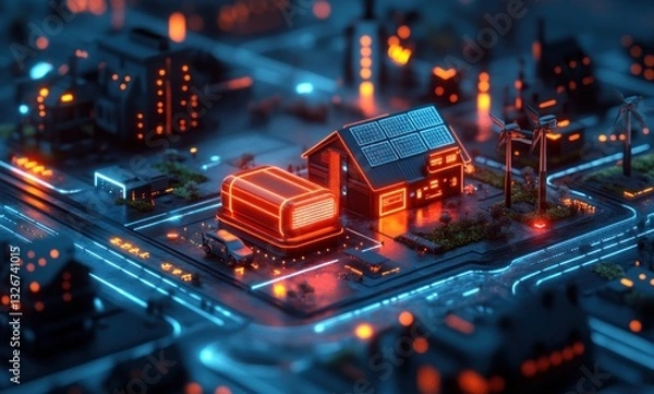 Obraz Futuristic Smart Energy Ecosystem with Neon Glow and Virtual Power Plant Illustration