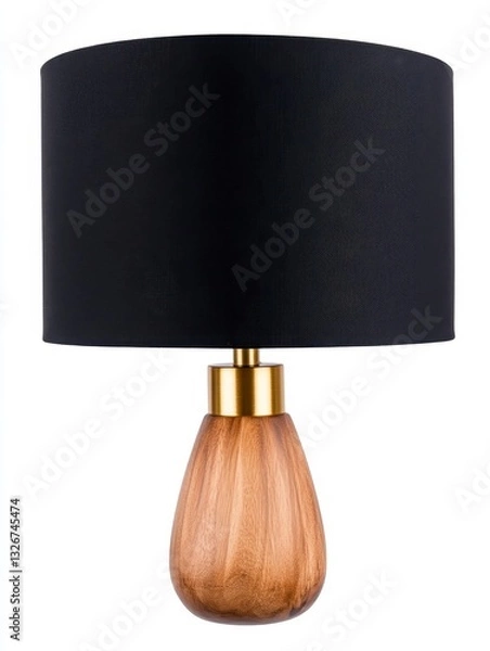 Fototapeta Elegant table lamp with a dark, textured black shade and a light brown pear shaped wooden base accented with gold detailing. The lamp is isolated on a white background.