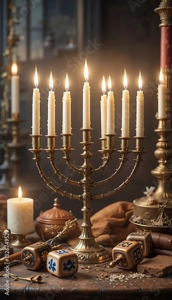 Fototapeta Hanukkah Menorah with Burning Candles and Dreidels on Wooden Table