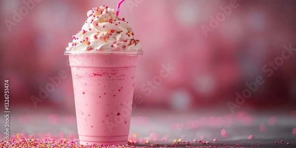 Fototapeta Delicious pink milkshake topped with whipped cream and sprinkles on a festive background