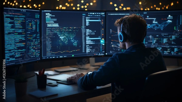 Obraz focused individual works on multiple computer screens, analyzing data and visualizations in dimly lit room. atmosphere is tech savvy and modern, perfect for data analysis