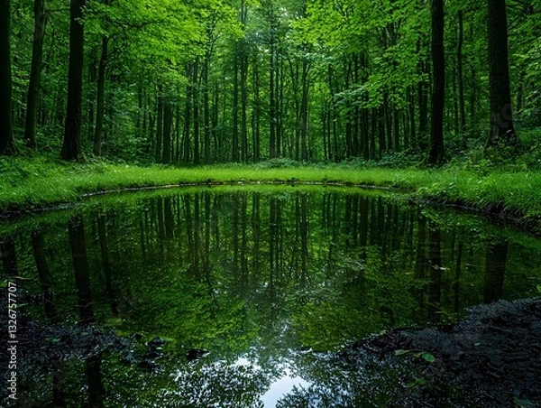Fototapeta Serene Forest Pond with Towering Tree Canopy Reflecting Lush Green Scenery