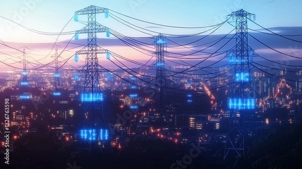 Fototapeta A futuristic electricity grid at dusk, featuring towering high-voltage power transmission lines silhouetted against a glowing cityscape. 