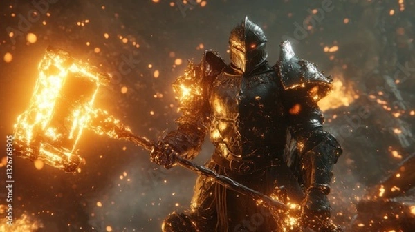 Fototapeta A powerful warrior in black armor stands amidst a fiery inferno, wielding a flaming hammer