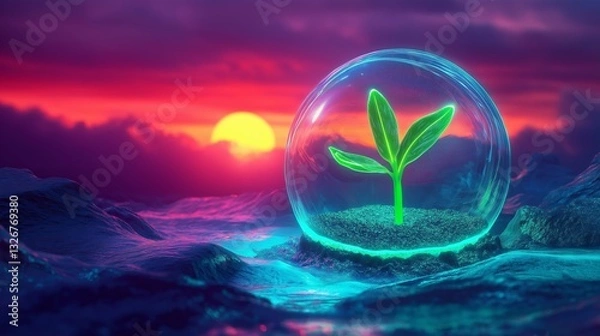 Fototapeta A futuristic neon green sprout inside a floating glass orb, resting on glowing cyan soil, surrounded by an alien-like atmosphere with a deep magenta sunset.