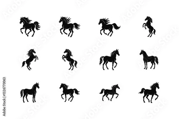 Fototapeta Black and white editable horse vector silhouette image set with with white background