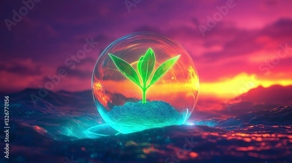 Fototapeta A futuristic neon green sprout inside a floating glass orb, resting on glowing cyan soil, surrounded by an alien-like atmosphere with a deep magenta sunset.