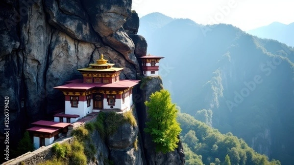 Fototapeta Taktsang Lhakhang, also known as Tiger's Nest Monastery, is perched on a cliffside in Bhutan, surrounded by lush greenery and mountainous terrain.