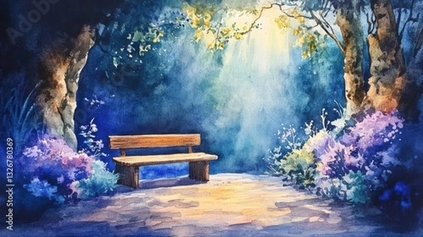 Fototapeta Relaxing bench surrounded by flowers in a peaceful forest glade