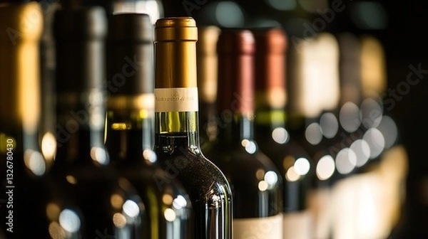 Fototapeta A row of wine bottles in focus, soft background blur; elegance and craftsmanship in every detail.
