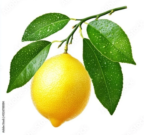 Fototapeta Close up of a ripe yellow lemon on a branch with vibrant green leaves, water droplets visible on the leaves.