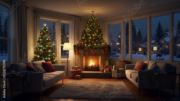 Fototapeta "Cozy Christmas Living Room with Decorated Tree, Fireplace, and Snowfall – Ultra-Realistic Indoor Holiday Scene"