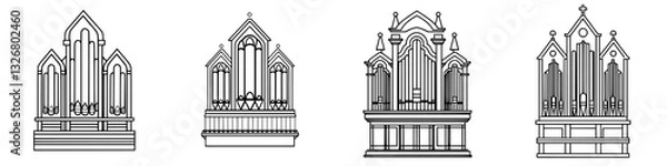 Fototapeta Intricate designs of historic pipe organs displayed in various styles against a white background