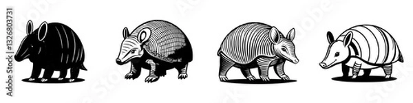 Fototapeta Artistic representations of four armadillos in various poses showcasing unique designs and patterns