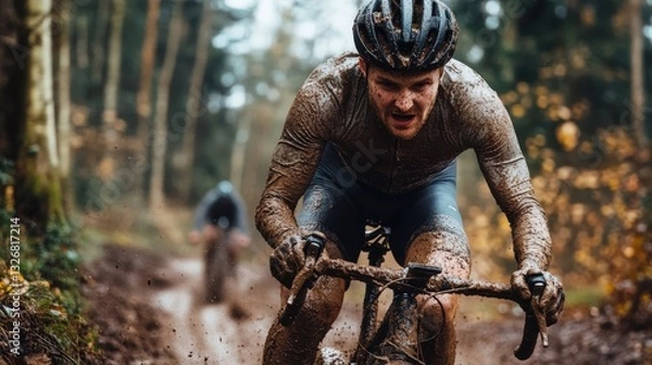 Fototapeta A cyclist racing through a forest trail, covered in mud and determination