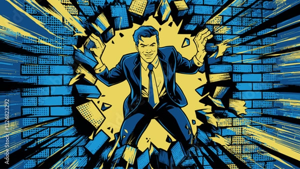 Fototapeta Businessman Breaking Through a Wall with Confidence and Determination