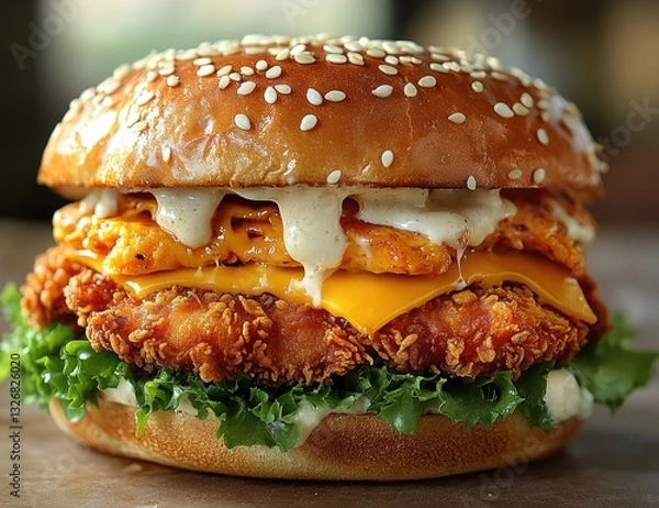 Obraz A large chicken sandwich with two fried, golden-brown chicken fillets, covered in ranch dressing and lots of cheese on top