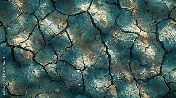 Fototapeta Extreme Drought: Aerial View of Cracked and Dry Earth Surface Showing Severe Soil Degradation and Desertification