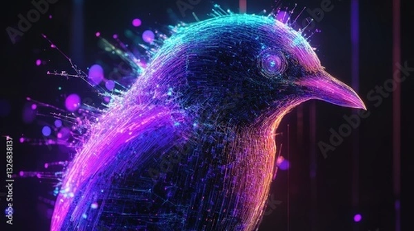 Fototapeta A neon-colored bird composed entirely of broken pixels and holographic static