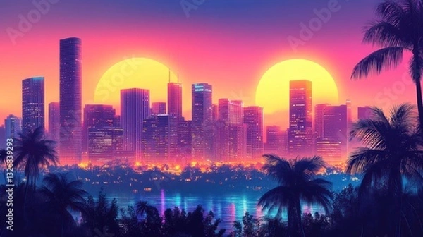 Fototapeta Miami Skyline Sunset Retro Vibes